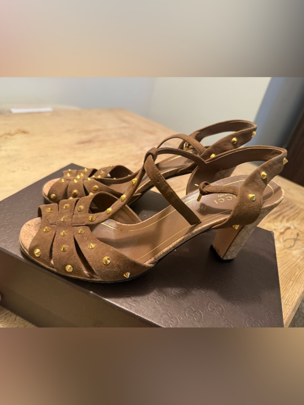 Gucci Brown Suede Studded T-Strap Sandals - Picture 5 of 11